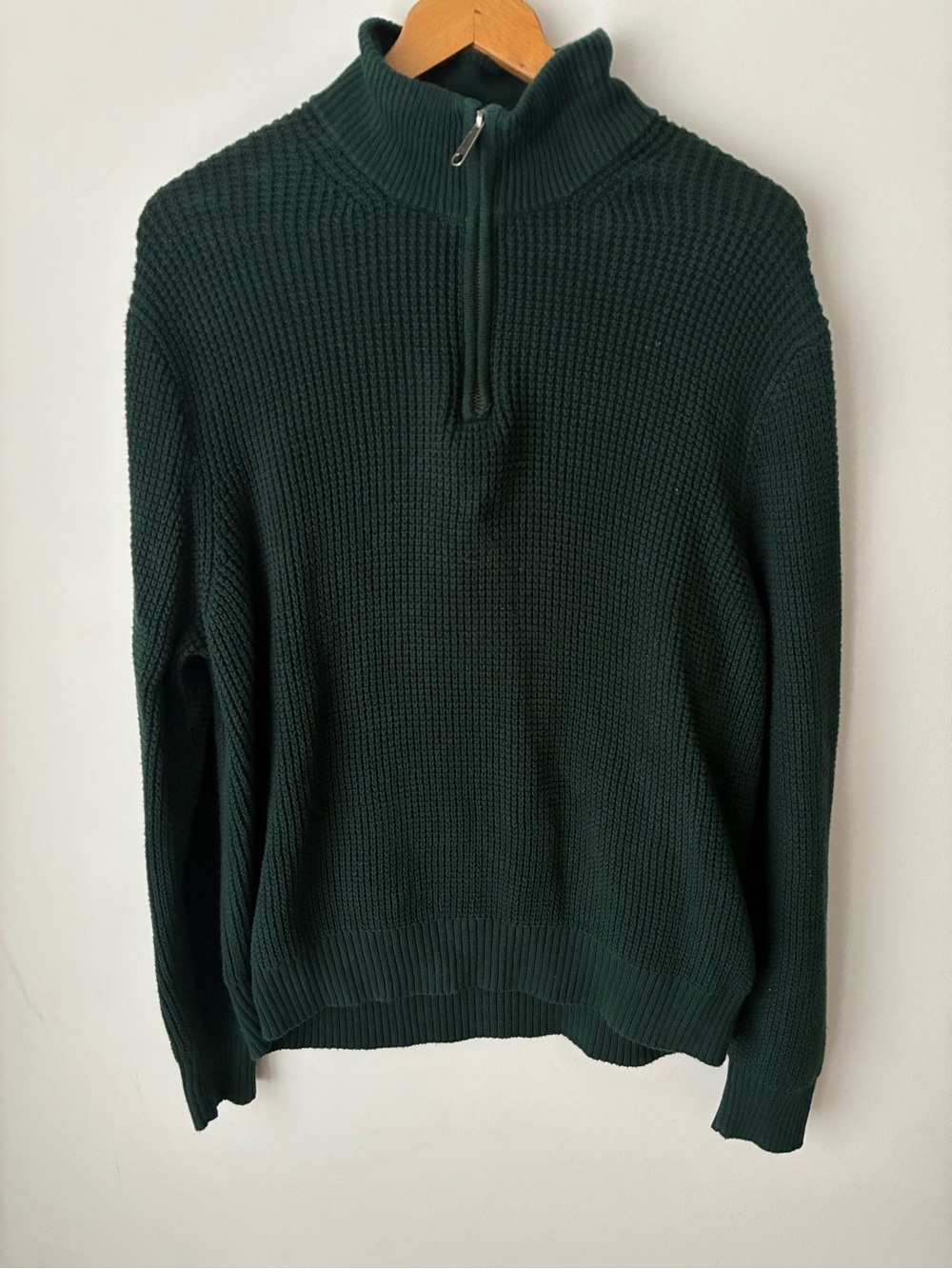 J.Crew Sweater Men’s XL Forest Green 100% Cotton Waffle Knit Quarter Zip Pullove